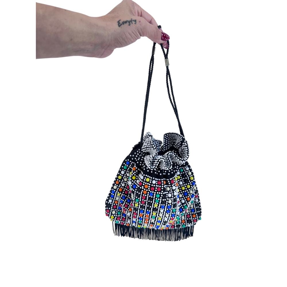 Vintage Beaded Drawstring Candy Bag Fringe Multicolor Black Pouch  Boho